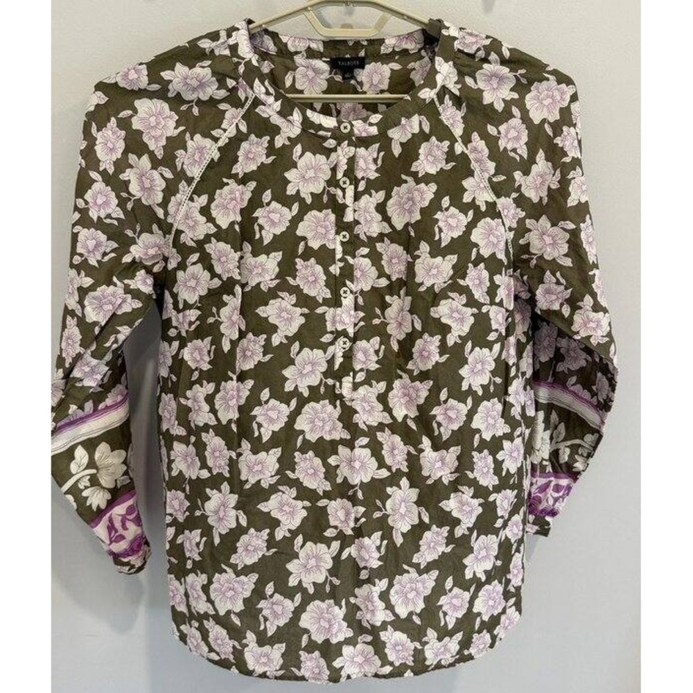 Talbots Lightweight Floral Popover Shirt Long Sleeve Olive Green Cotton Size L
